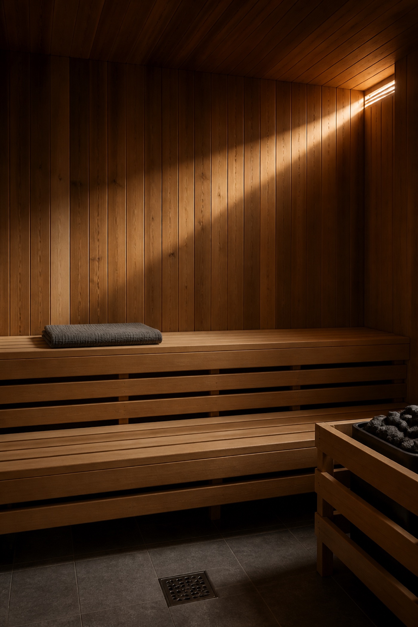 Empty cedar sauna room interior with tiered benches and low raking warm light.